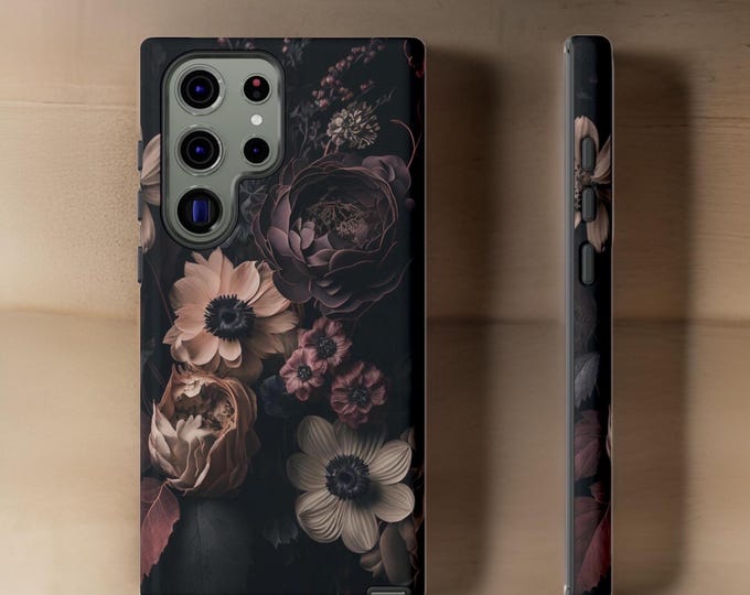 Phone Case, Dark Floral Academia Gothic Black Moody, Samsung S25 S24 S23 S22 Plus Ultra, Tough Sturdy, Glossy Matte. Ornamental Victorian,