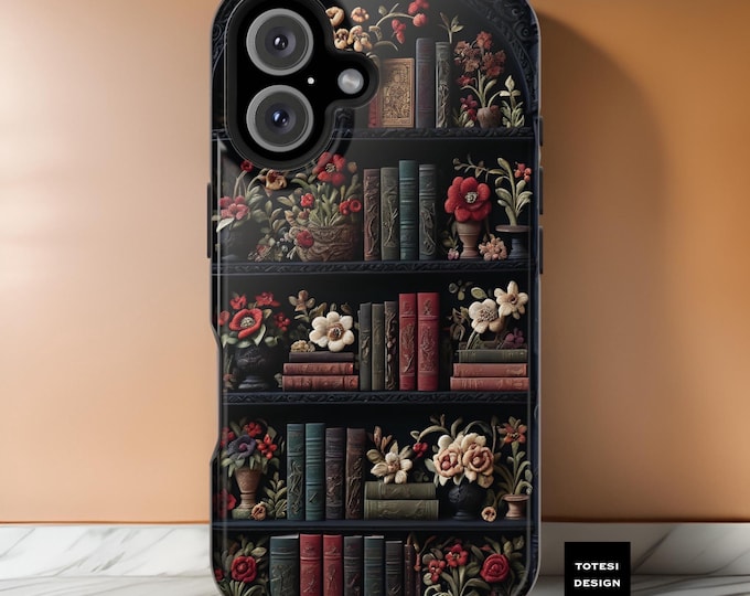 Dark Academia Goth books Tough MagSafe Comp. iPhone Cases for iPhone, Cute Vintage Bookcase Design, Gift for Bookworm, Book Lover, Bookshelf