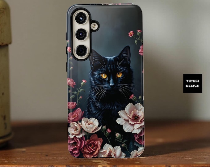 Gothic Black Cat Floral Samsung Phone Case: Celestial Witchy Design