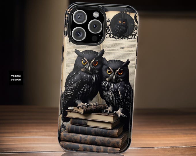 Gothic black owls books MagSafe iPhone tough sturdy case - 13 14 15 16 Pro Max Plus Mini | Glossy Matte | Gift Daughter