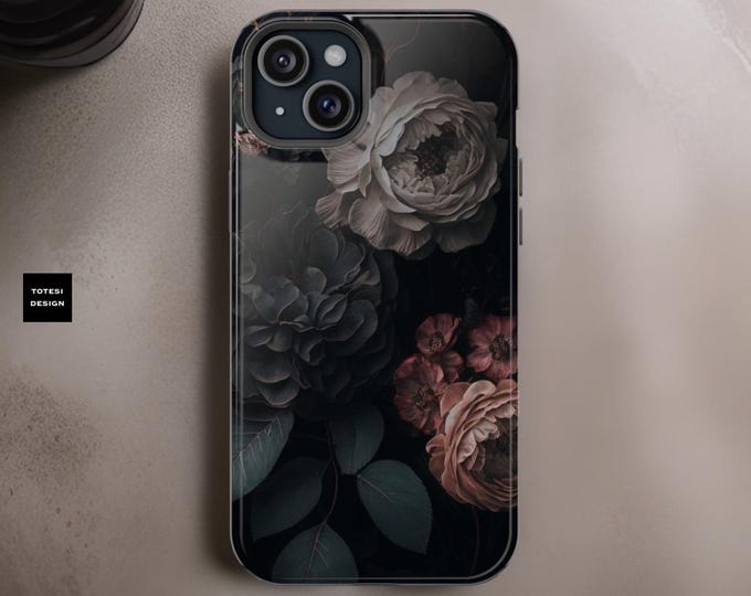 Moody Dark Floral Aesthetic Phone Case Impact Resistant iPhone 16 15 14 12 11 Pro Max, Pro, Plus Glossy or Matte|  Academia Goth Winter