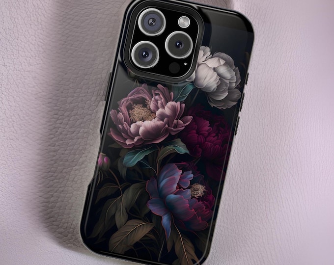 Magnetic Tough Cases, Dark Floral Goth Art 13 14 15 16 Pro Max Plus Mini, MagSafe iPhone Case, Moody Romantic Peony, Tough Phone Cover