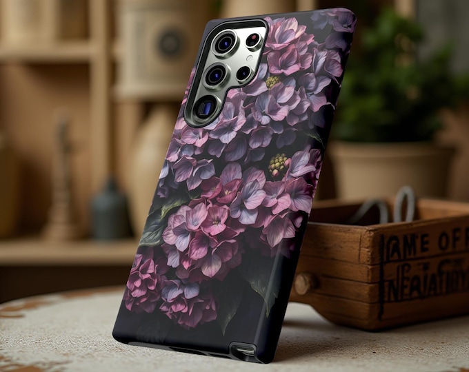 Hydrangea Dark Moody Floral Phone Case Samsung S25 S24 S23 Plus Ultra, iPhone 16 15 14 13 12 11 Pro Max Plus, Google Gift for flower lover