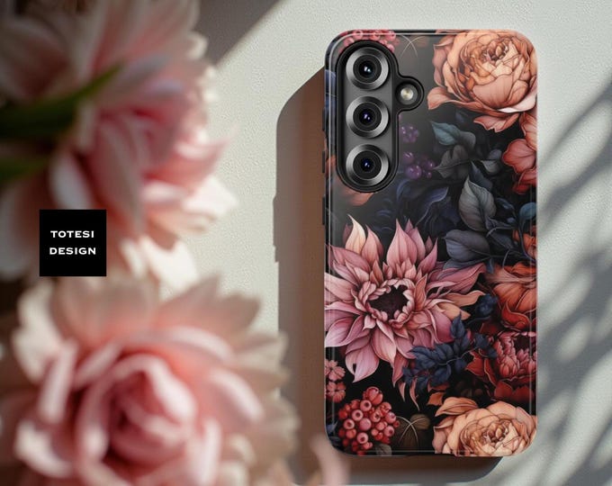 Dark Pink Floral Academia, Samsung Galaxy Tough Case S25 S24 S23 S22 S21 Plus Ultra| iPhone 11 12 13 14 15 16 Glossy or Matte