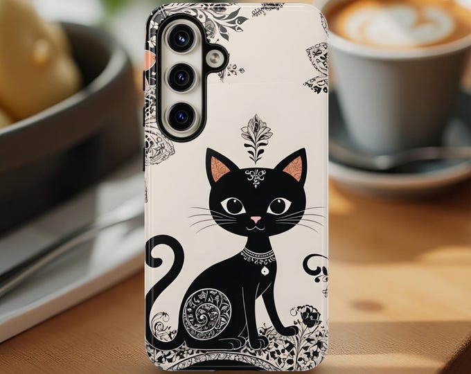 Tough Cases, Cute Black Cat Floral Art Phone Covers for Samsung Galaxy iPhone - Gift for cat lovers, students daughter