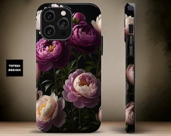 MagSafe Peony Flowers iPhone Case - dual layer tough case Bold Purple Dark Floral 16 15 14 13 Pro Max Plus Mini