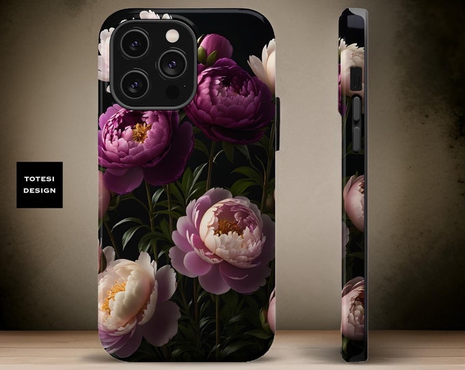 MagSafe Peony Flowers iPhone Case - dual layer tough case Bold Purple Dark Floral 16 15 14 13 Pro Max Plus Mini