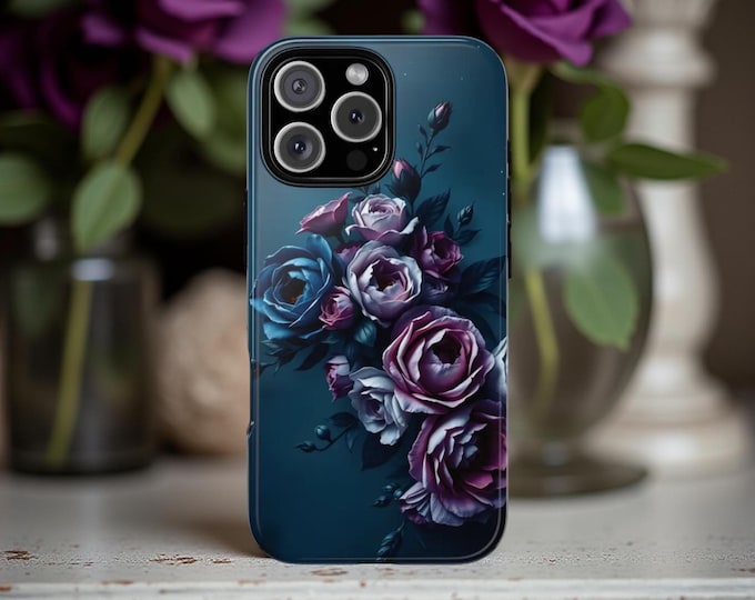 Dark Floral Phone Case | Moody Midnight Blue Roses, Tough Dual Layer