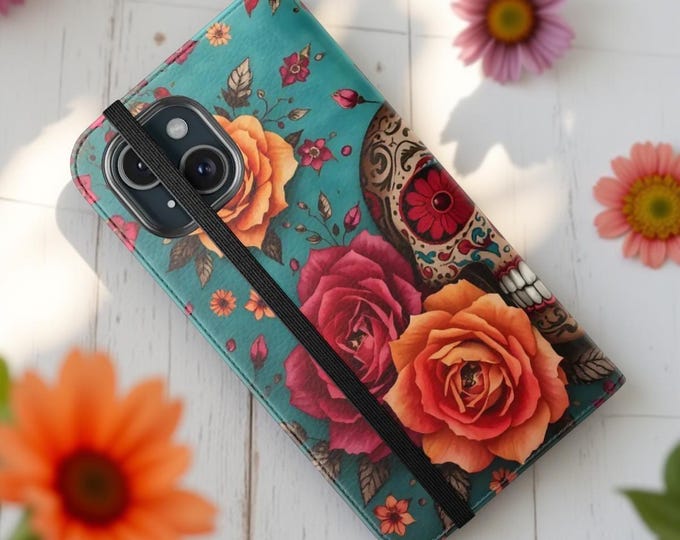 Bohemian skull vintage floral art Folio Wallet Samsung Galaxy Case, Unique Art , iPhone 16 15 14 Flip Stand Cases