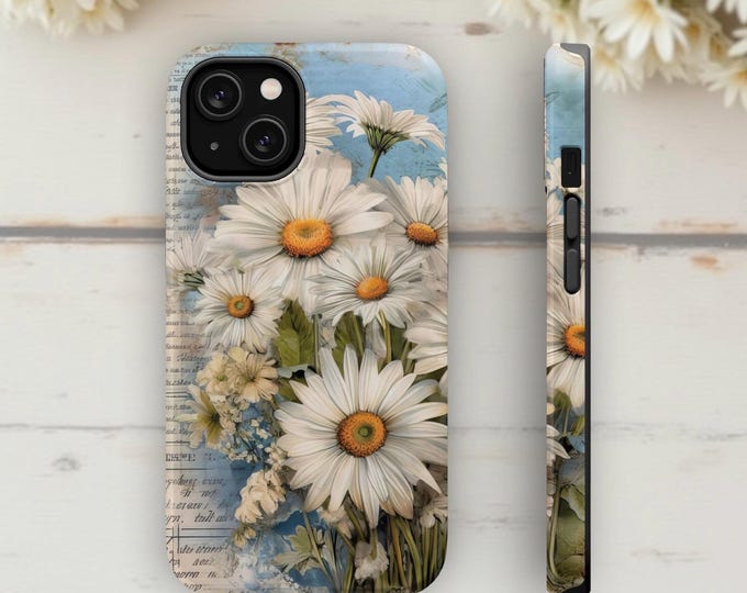 Magnetic Tough Cases, white daisies pastel vintage style,  Cute MagSafe iPhone Case,  Romantic phone cover, 16 15 14 13 Pro Max Plus