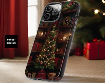 Vintage Xmas Holiday Winter Cozy iPhone Tough Case 15 14 13 12 11 Pro Max Plus Mini Book Shelf Books Glossy or Matte