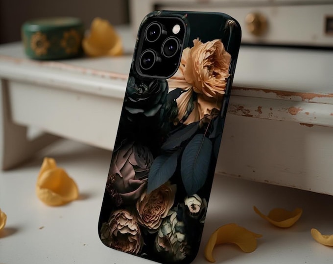 Dark Floral Academia Gothic iPhone Case: MagSafe Compatible, Sturdy Dual Layer
