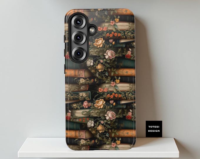Vintage floral old books tough phone case Samsung S25 S24 S23 S22 S21 Plus Ultra |iphone 16 15 14 13 12 11 Pro Max Plus |Glossy or Matte