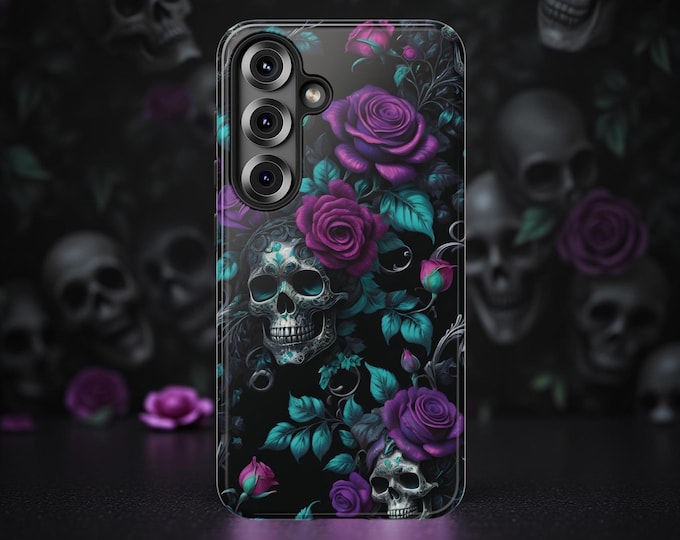 Victorian Gothic Black Purple Roses Skulls iPhone tough case 16 15 14 13 12 11 Plus Pro Max Mini |Glossy Matte
