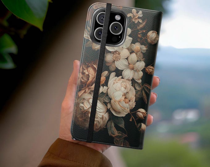 iPhone Phone cover dark moody floral art  Flip Folio Phone Case Cover Gothic Artsy Bookcase,  iPhone 11 12 13 14 15 16 cases covers