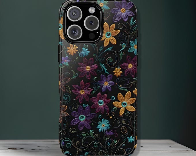 Winter Cute Dark Floral Tough Phone Case, iPhone 16 15 14 13 12 11 Pro Max Plus Samsung S24 S23 S22 Plus Ultra Google 8 7 6, Glossy Matte
