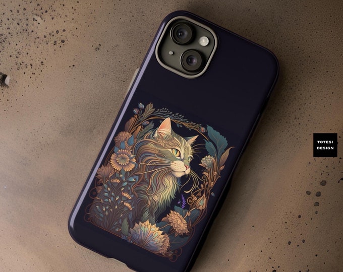 Gothic Cat Black Tough Phone Case | Samsung S25 S24 S23 S22 Plus, Ultra, iPhone 16 15 14 13 12 Pro Max, Vintage Aesthetic, Protective Cover,
