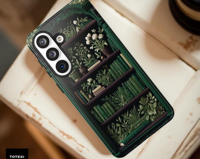 Green Gothic Bookcase Phone Case: Bookish Garden Library S26U S25 iPhone 17 16 15