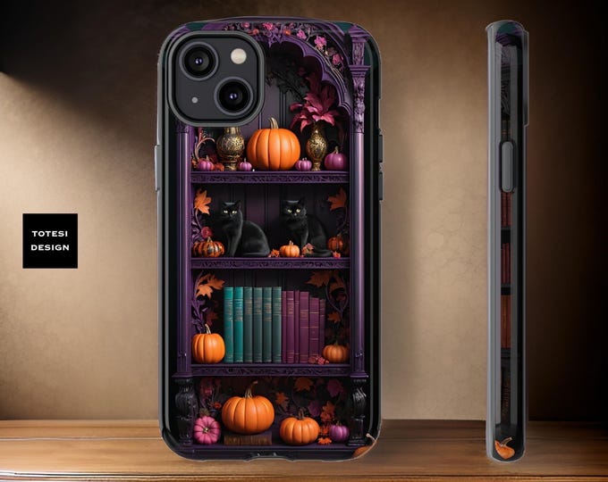 Bookish Halloween Gothic bookcase Pumpkins Black Cat iPhone Phone Cases 15 14 13 12 11 Pro Max Plus Mini Glossy or Matte