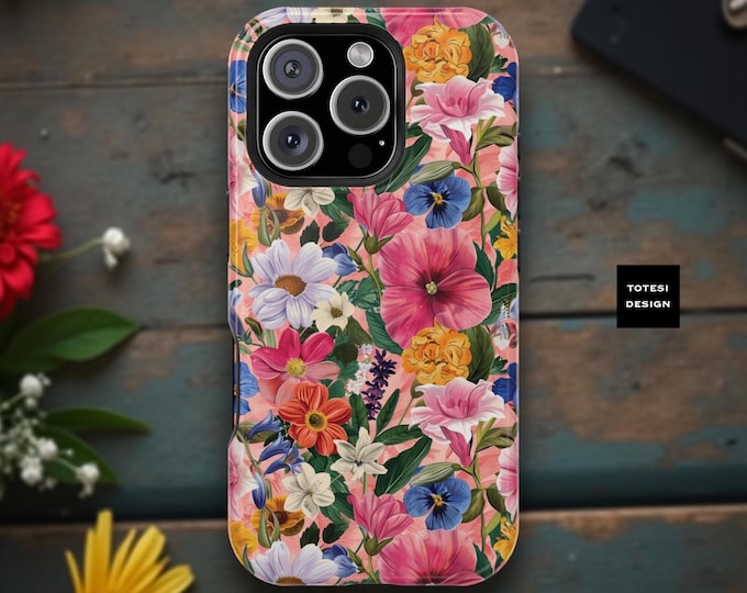 Pink MagSafe iPhone Case Summer Flower Garden Flower Magnetic Tough Case, Retro Colorful iPhone Case 16 15 14 13 Pro Max Plus Matte Glossy