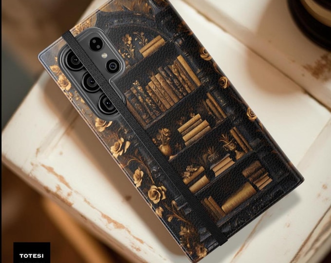 Gothic Bookcase iPhone Case, Dark Academia Faux Leather Flip Folio (Cardholder, Stand)