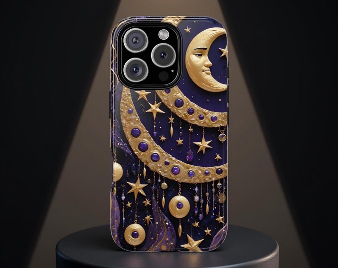 Goth Whimsy Celestial Art Purple Lunar Stars Tough Phone Case, Samsung Galaxy S25 S24 S23 S22| iPhone 16 15 14 13 12 11 Pro Max plus,