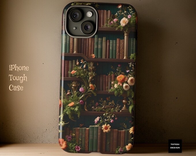 Book Worm Vintage bookshelf floral aesthetic iPhone tough case | sturdy dual layer | glossy matte | 15 14 13 12 11 Pro Max Plus Mini XE