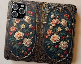 Dark Floral Vintage Style Phone Case Faux Leather Cardholder Stand