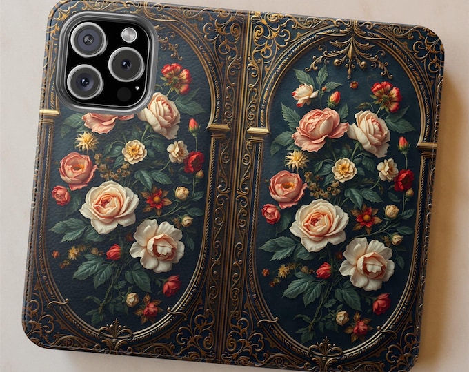 Dark Floral Vintage Style Phone Case Faux Leather Cardholder Stand