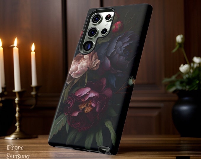 Dark Floral Academia, iPhone Tough Case 11, 12,13,14 15 Pro Max , Pro Max, Mini, Plus| ornamental Victorian Gothic floral,Glossy or Matte