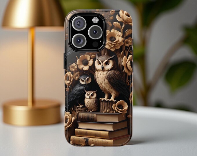 Books Goth Wise Owls dark academia iPhone Samsung Galaxy phone cases S25 S24 S23 S22| iPhone 16 - 11, Google Pixel, book owl lover gift