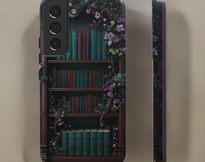 Dark academia vintage bookcase Green Floral Samsung iPhone Tough Sturdy phone cases S24 S23 S22 S21 Plus Ultra 16 15  | book goth lover gift