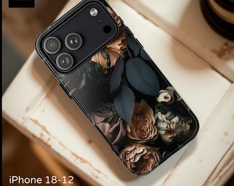 May include: A black smartphone case featuring a dark floral pattern with muted beige and brown roses alongside deep blue-green leaves. The case has a rectangular camera cutout with three lenses and a flash. Text on the image reads TOTESI DESIGN.