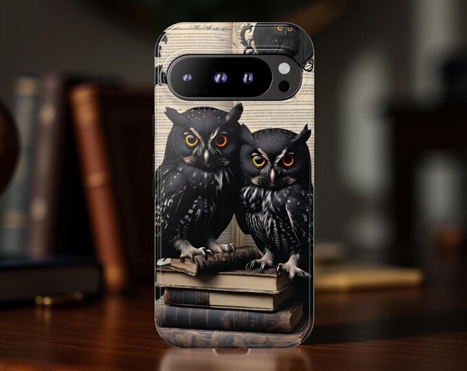 Cute goth black owls books Google Pixel phone cases 9 8 7 6 5 | dark academia  glossy matte | 8 7 6 5 Pro  | book owl lover gift