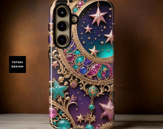 Celestial Bling Samsung Galaxy S25 S24 Protective Phone Cases | Plus, Ultra|Moon Stars Jewels Purple Gold Fantasy Glossy or Matte