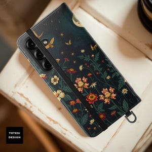Floral Celestial Night Garden Phone Case Wallet Faux Leather Flip Cover