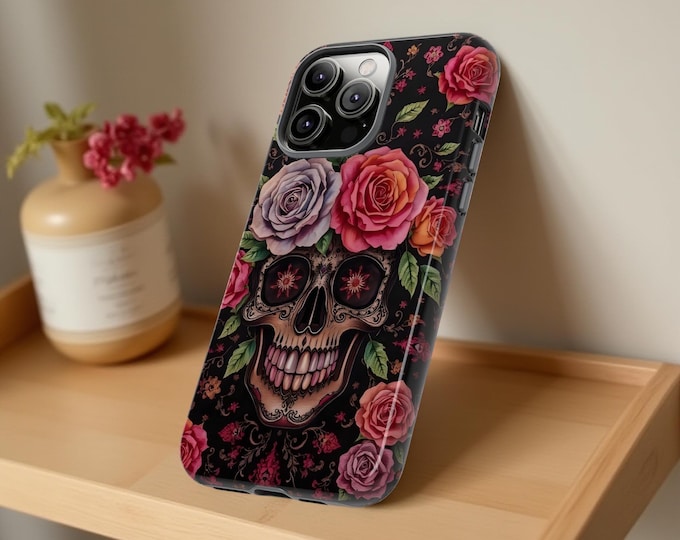 Dark Floral Skull Art Phone Case, Vibrant Floral Protective Cover, Day of the Dead Gift, Unique Tech Accessory, Phone Accessories