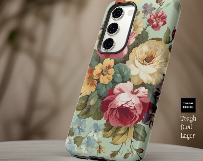 Vintage pastel blue pink boho floral art tough phone cases |Samsung S23, S22, S21, S20, Plus, Ultra|  |Glossy or Matte