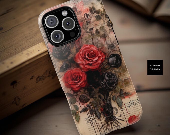 Grunge Goth Floral Phone Case: Dark Red Roses, Impact Resistant