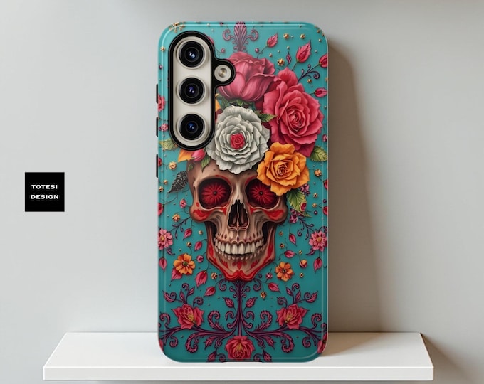 Floral Skull Phone Case - Edgy Tech Accessory, Gift for Goths, Halloween Decor, Unique Cell Phone Cover, Stylish Hard Case