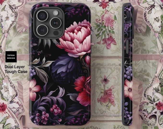 Dark Purple Pink Floral Academia, iPhone Tough Case 15 14 13 12 Pro Max Plus | ornamental Victorian Gothic floral,Glossy or Matte
