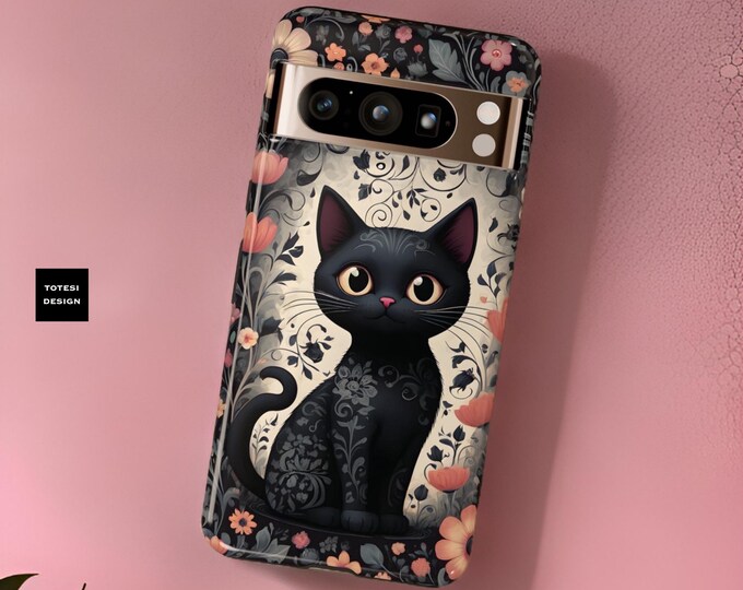 Phone Case - Black Cute Kitty Cat Floral Google Pixel Tough Case, Gift for Her, Protective Cover, Whimsical Design, Cat Lover Gift