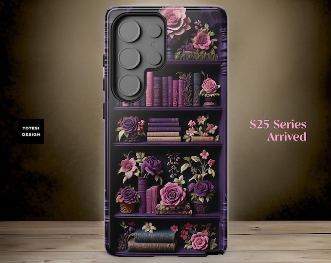 Cute phone case Floral Bookshelf Samsung S25 S24 S23 S22 Plus ultra cover, iPhone 16 15 14 13 12 11 Pro Max, Pro, Plus book worm reader