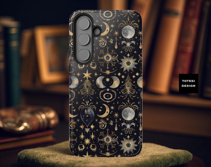 Celestial Tough Cases, Dark Moon Stars Phone Cases, Samsung Galaxy S25 S23 S24, iPhone 16 15 14, Sturdy Cover