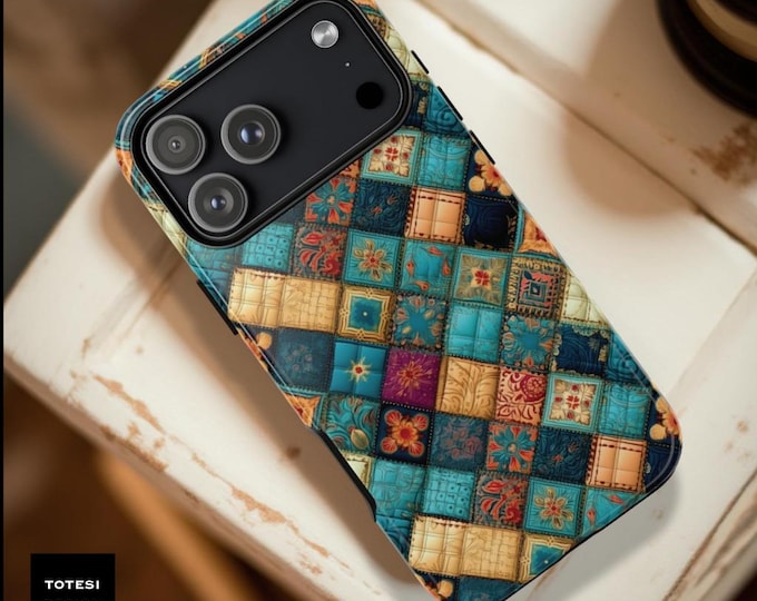 Quilt Pattern Phone Case: Turquoise Patchwork, Impact Resistant