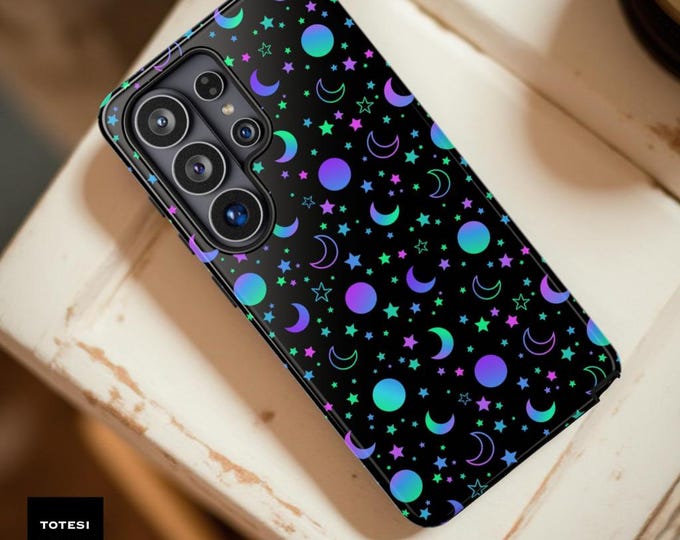 Neon Celestial Phone Case: Goth Witchy Stars, Moon