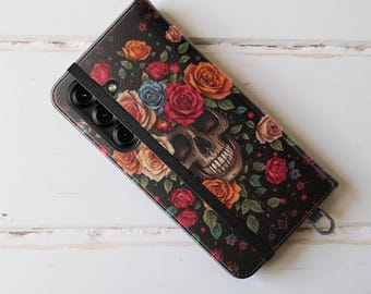 Gothic Phone Case, Flip Cases, iPhone Samsung Models, Dark Academia Gift, Skulls Roses Stand, Room for Cards, Goth Lovers Accessories, Dark