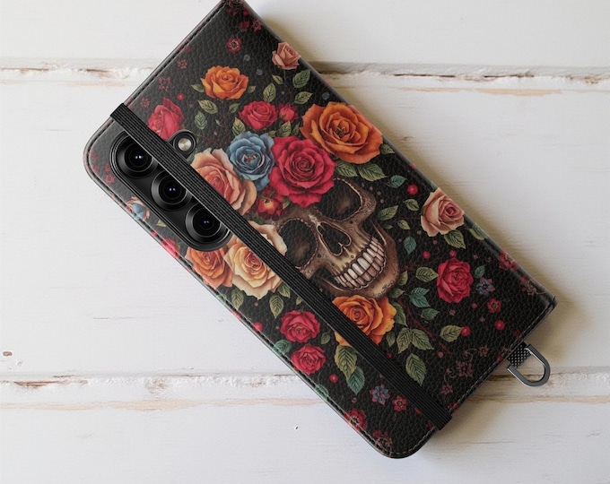 Gothic Phone Case, Flip Cases, iPhone Samsung Models, Dark Academia Gift, Skulls Roses Stand, Room for Cards, Goth Lovers Accessories, Dark