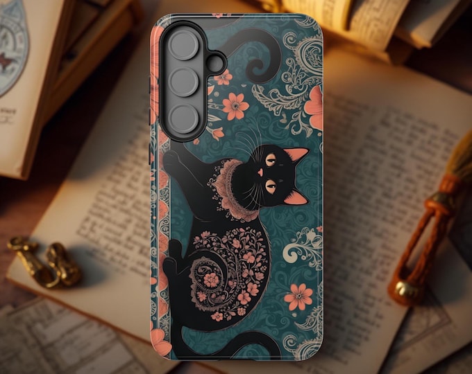 Tough Cases, Gothic Black Cat Floral Phone Covers for Samsung Galaxy iPhone - Gift for cat lovers, Cute whimsy art