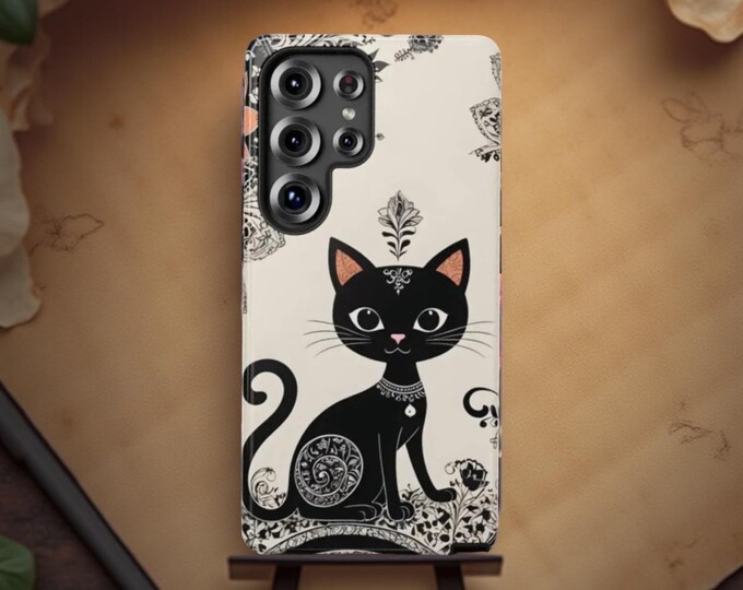 Black Cat Floral Art Tough Phone Case - Whimsical Cat Lover Gift